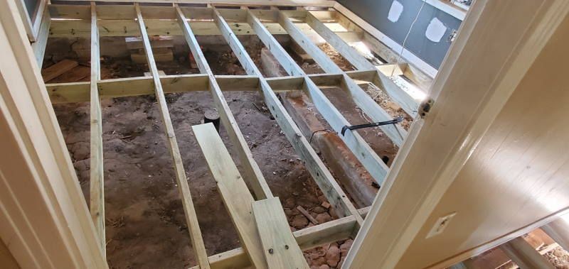 A wooden floor is being built in a room.