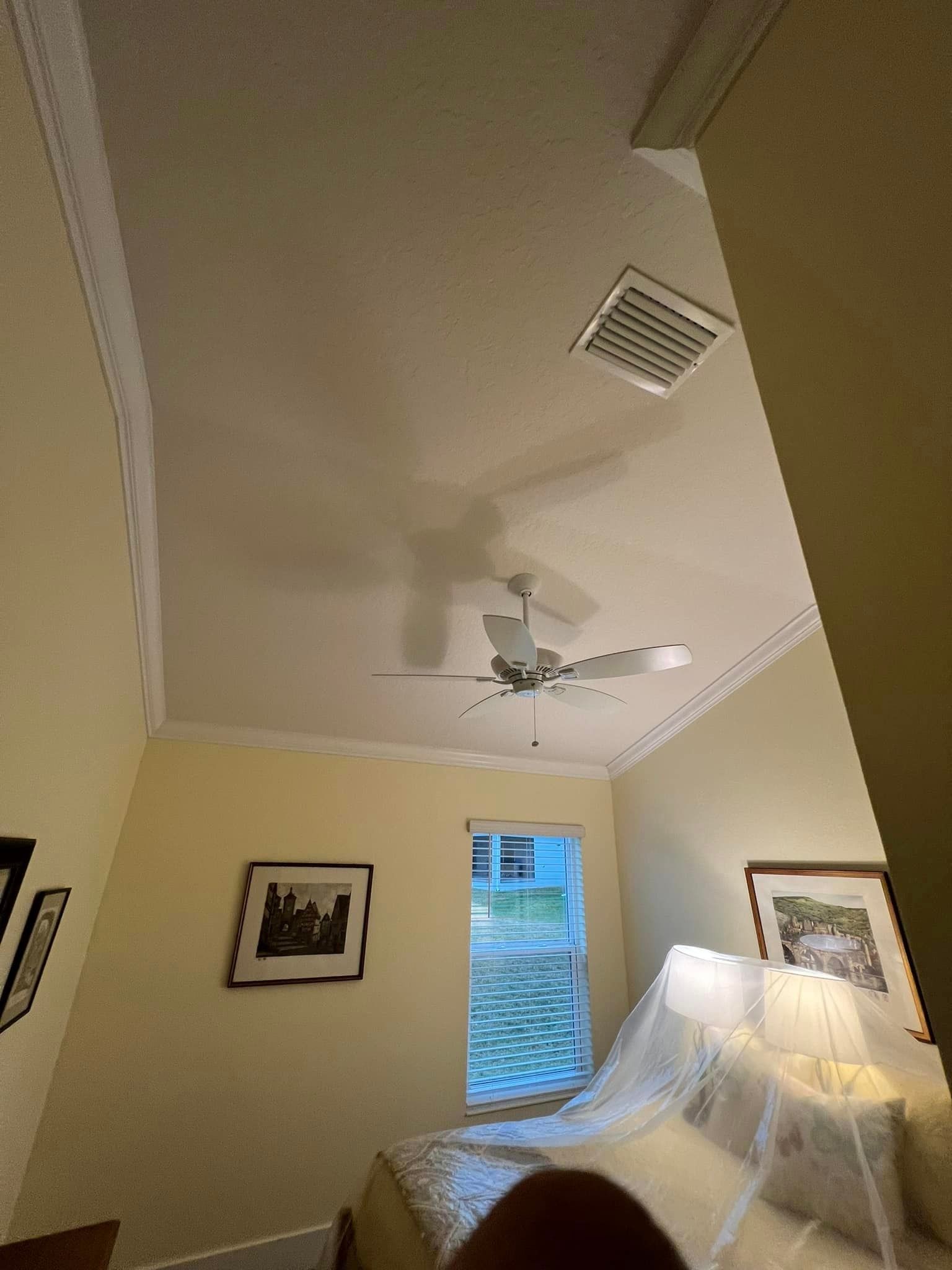A bedroom with a bed and a ceiling fan.