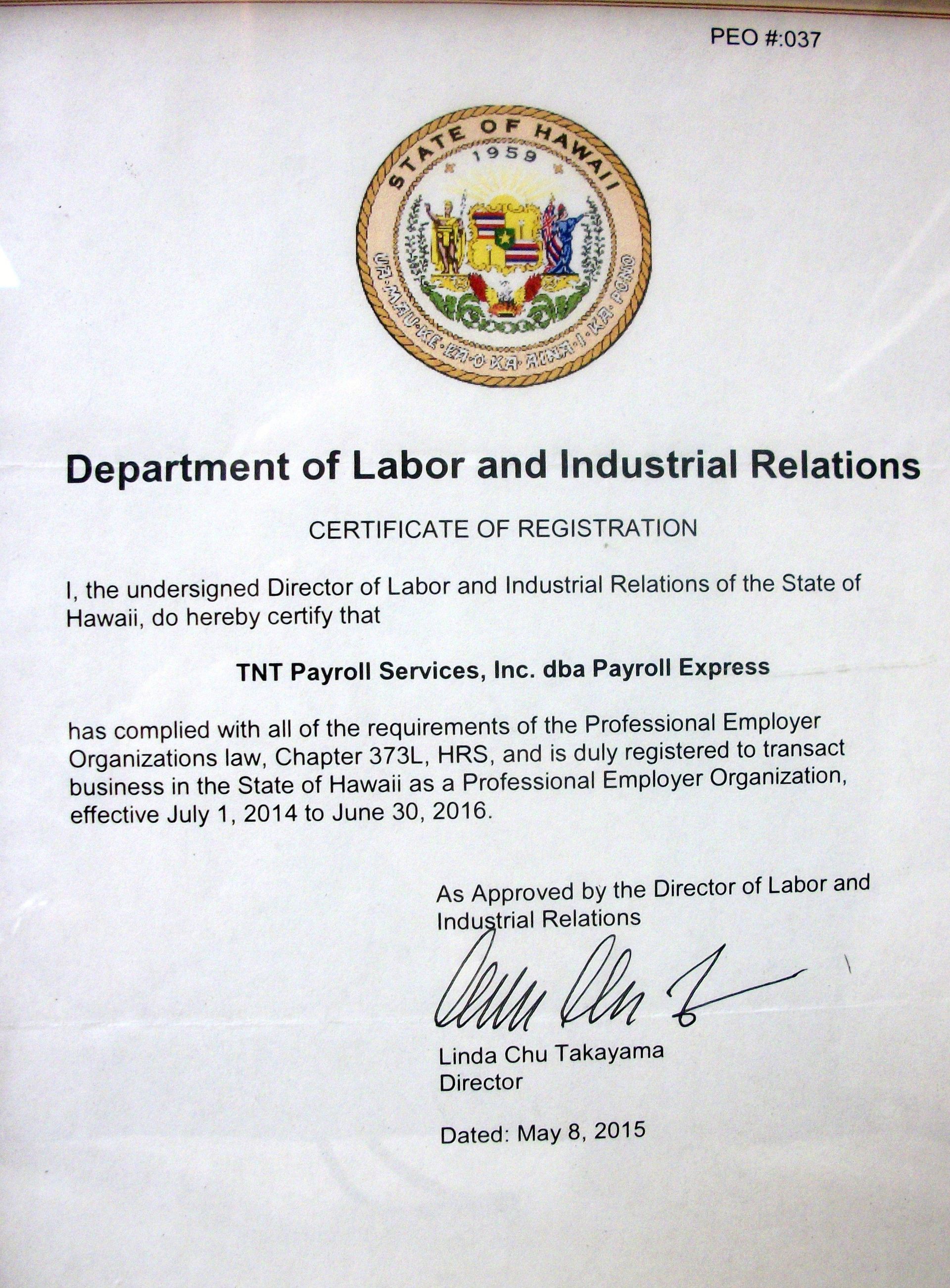 TNT Payroll Services certification of registration by state of Hawaii