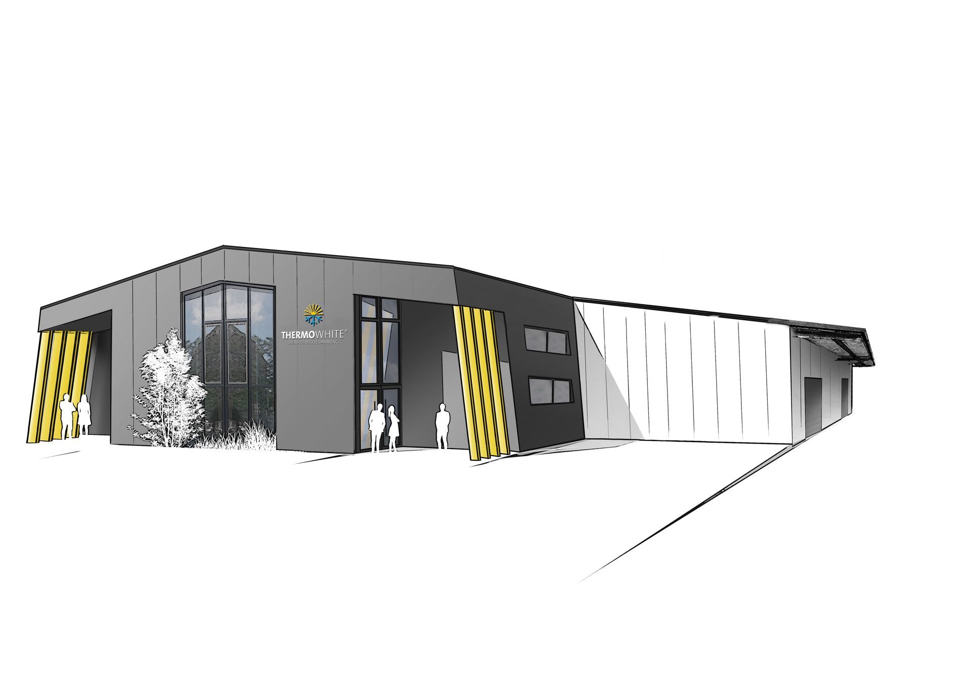 Es ist eine Zeichnung eines Gebäudes mit vielen Fenstern.