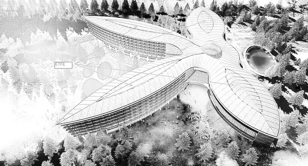 Eine Schwarzweißzeichnung eines Gebäudes mitten in einem Wald.