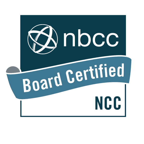 NBCC Board Certified NCC logo. Blue and white with globe icon.