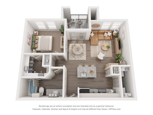 A 3d floor plan of a house with a bedroom , living room , and kitchen.