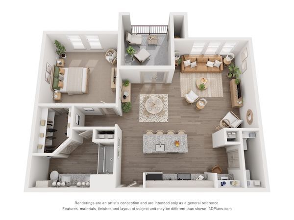 A 3d floor plan of a house with a bedroom , living room , and kitchen.