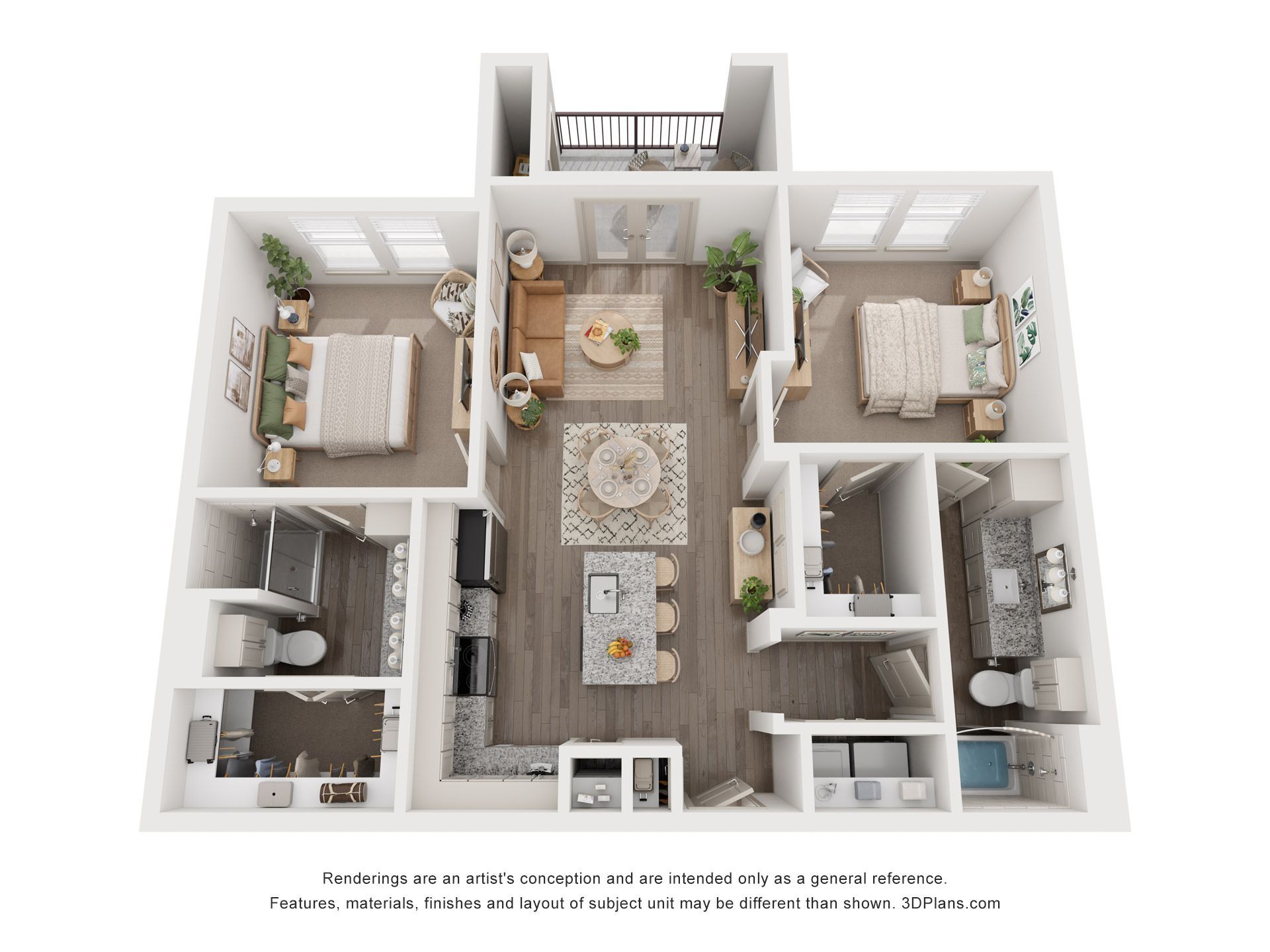 Floor plan of a two-bedroom apartment with living room, kitchen, and bathrooms. White and neutral tones used.