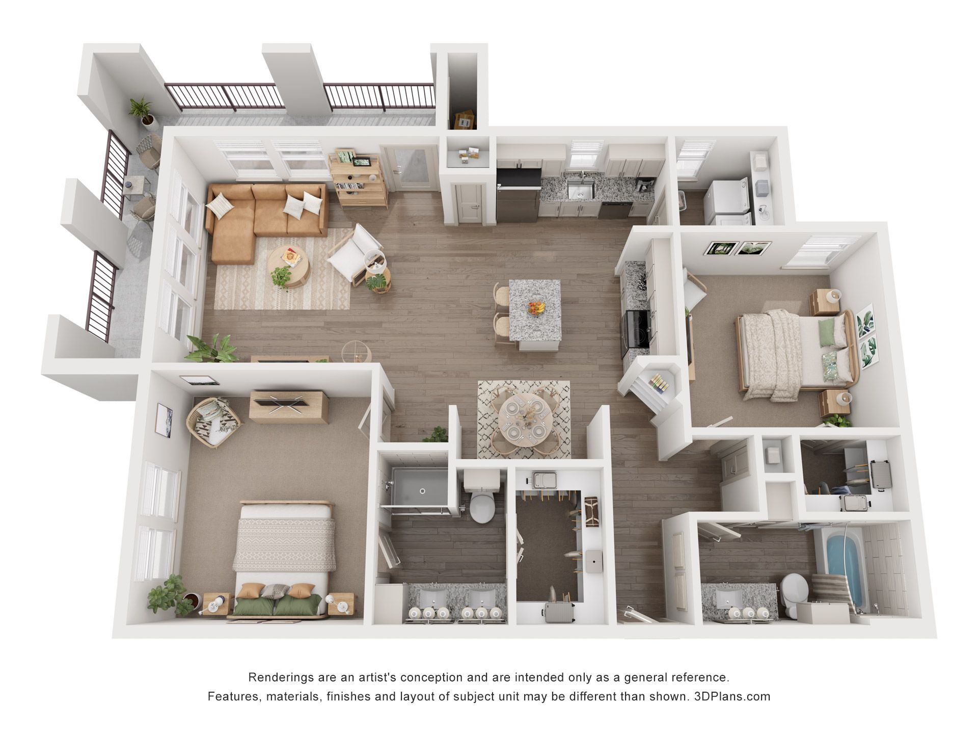 Floor plan of a two-bedroom apartment, featuring a kitchen, living room, and outdoor balcony.