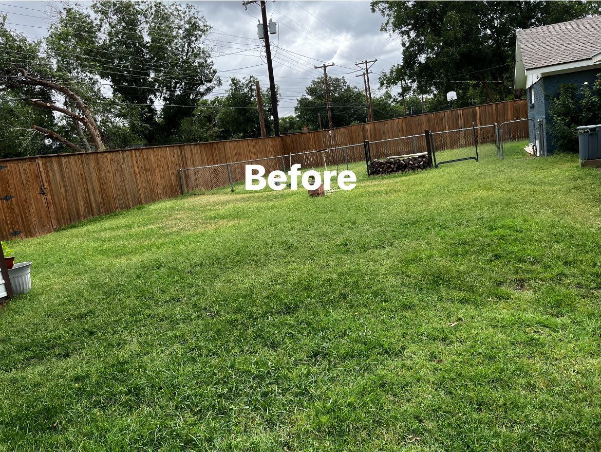 A backyard with a wooden fence and a lot of grass.