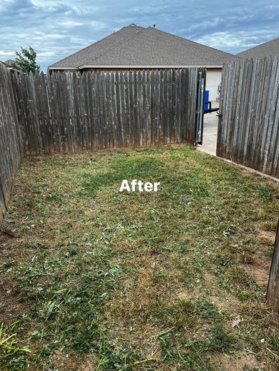 A backyard with a wooden fence and a lot of grass.
