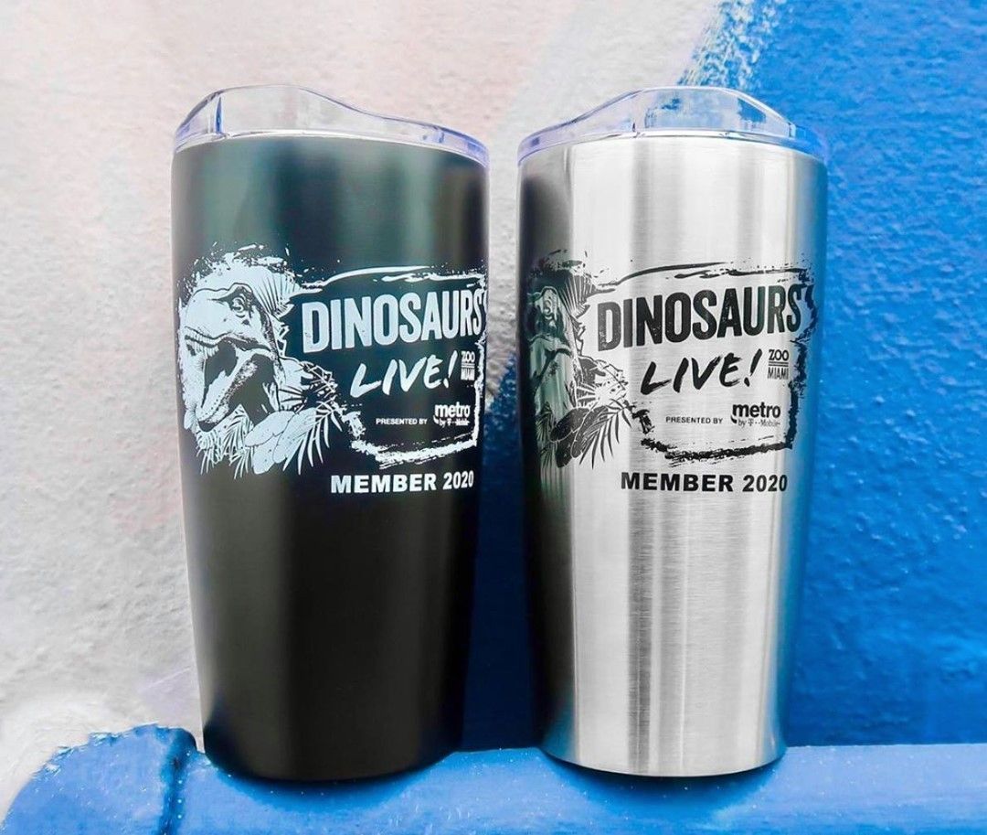Two stainless steel tumblers with dinosaurs on them are sitting next to each other on a blue wall.