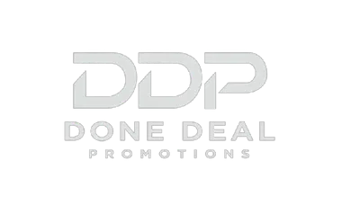 The logo for done deal promotions is black and white.