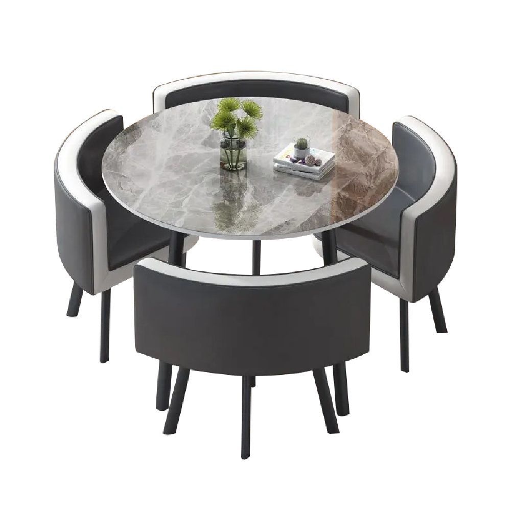 AAA 四合一轉角圓桌椅 - 灰白色皮椅款