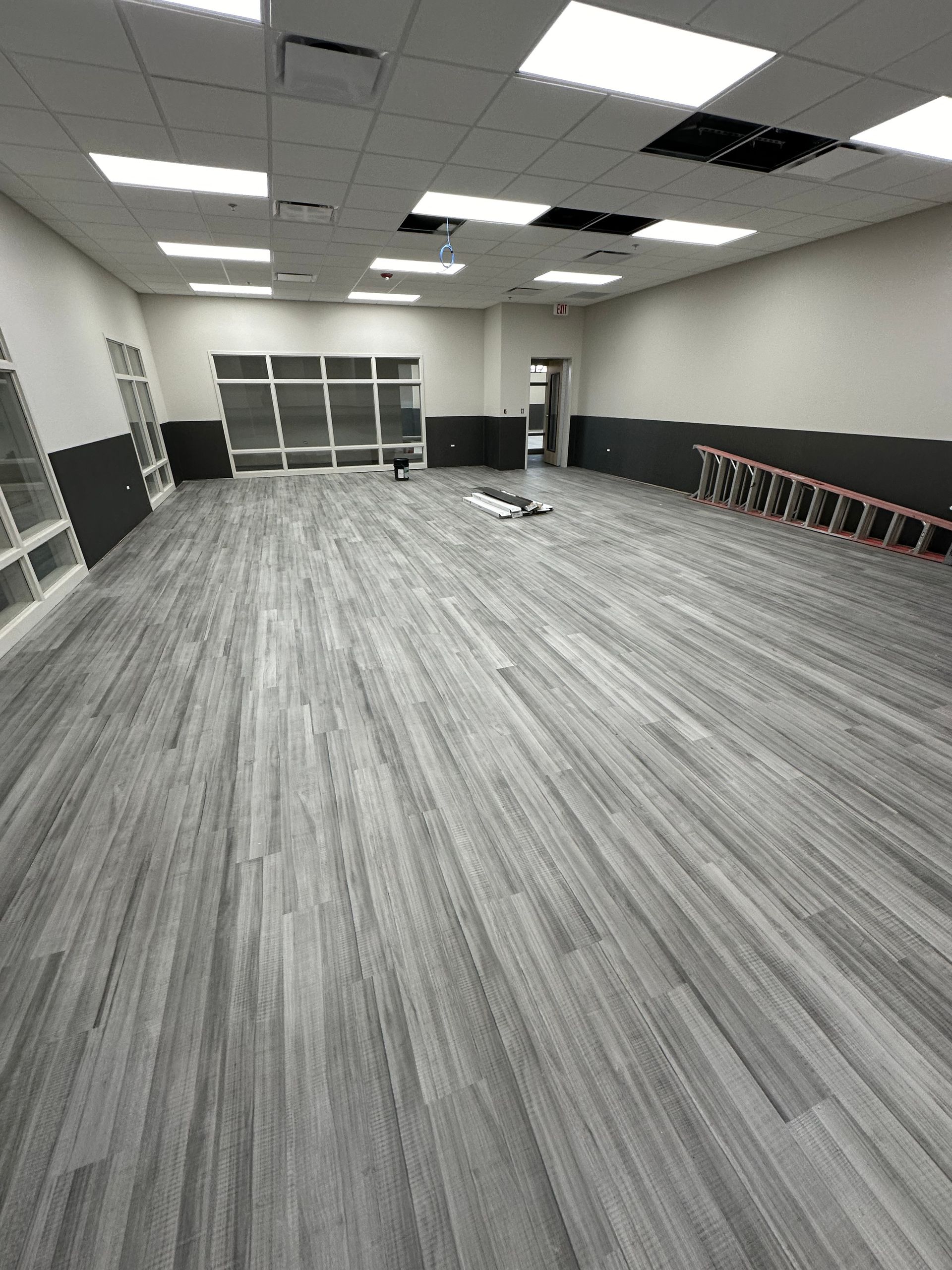 Empty room with gray wood-look flooring, white walls, and gray lower walls. A ladder is visible.