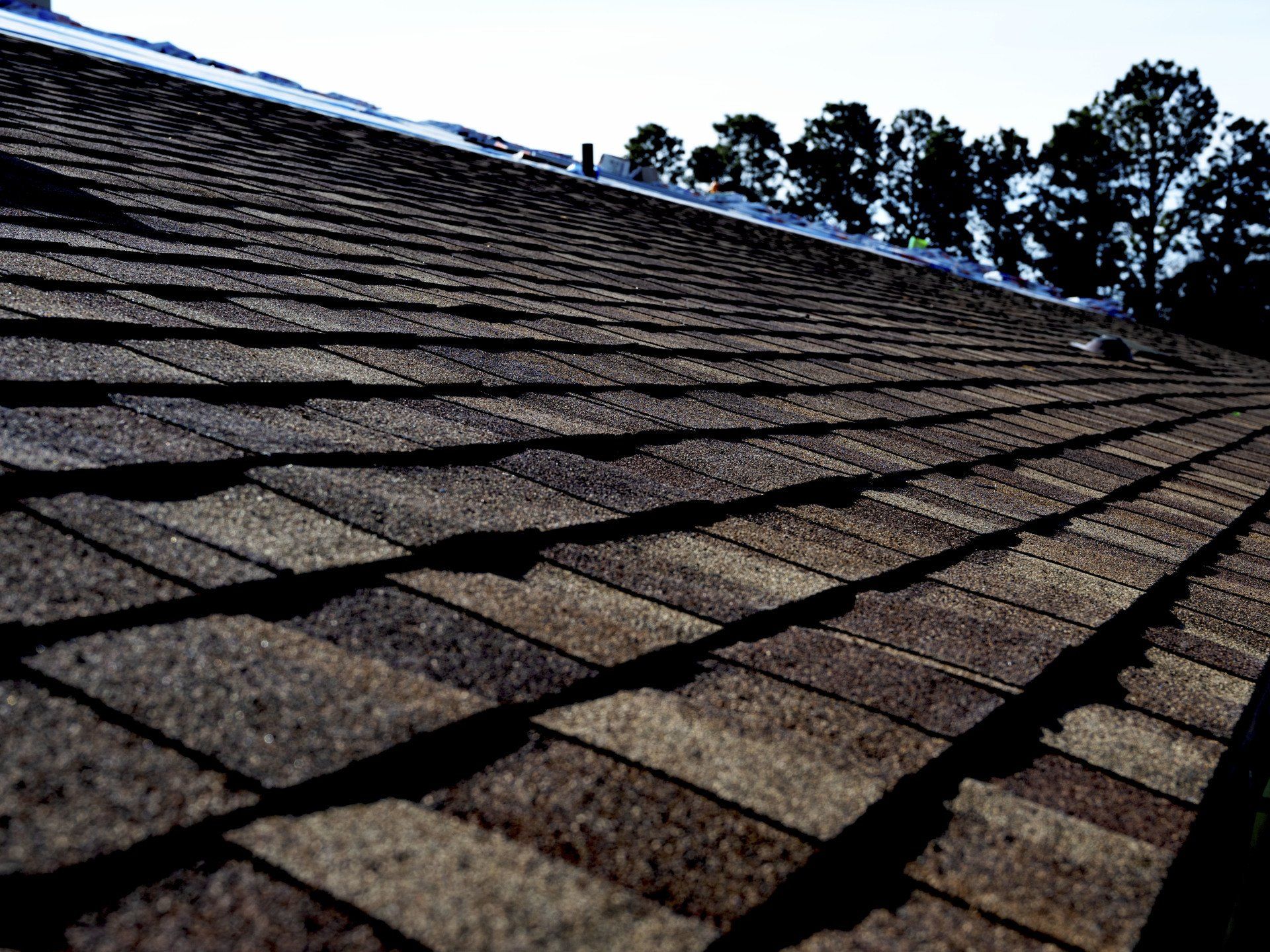 a close up of a roof with trees in the background