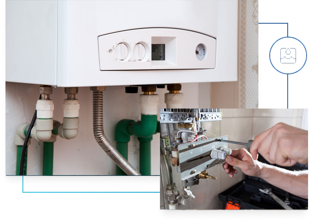 Plumber repairing a white boiler. Green and white pipes visible. Plumber repairing a white boiler. Green and white pipes visible.