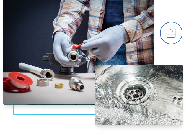Plumber in gloves working on plumbing fixtures; water flowing in a sink drain.