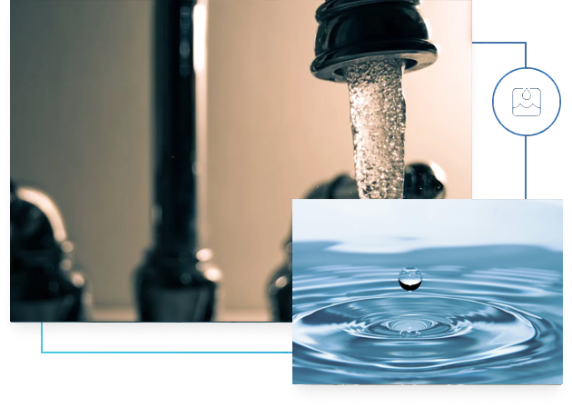Running water from a faucet, with a close-up of a water droplet and ripples on a blue surface. Running water from a faucet, with a close-up of a water droplet and ripples on a blue surface.