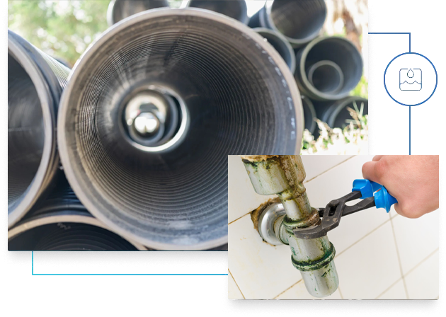 Pile of pipes and a hand using pliers on a corroded pipe.