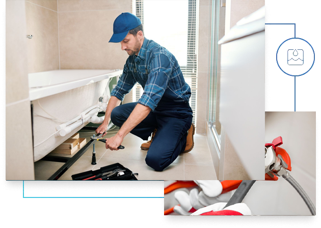 Plumber working on a bathtub in a bathroom, wearing a blue cap and holding tools.