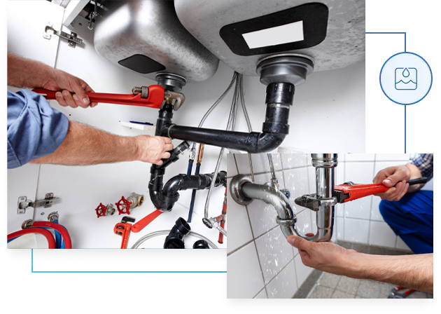 Plumber repairing pipes under a kitchen sink using a wrench. Additional pipes are visible.