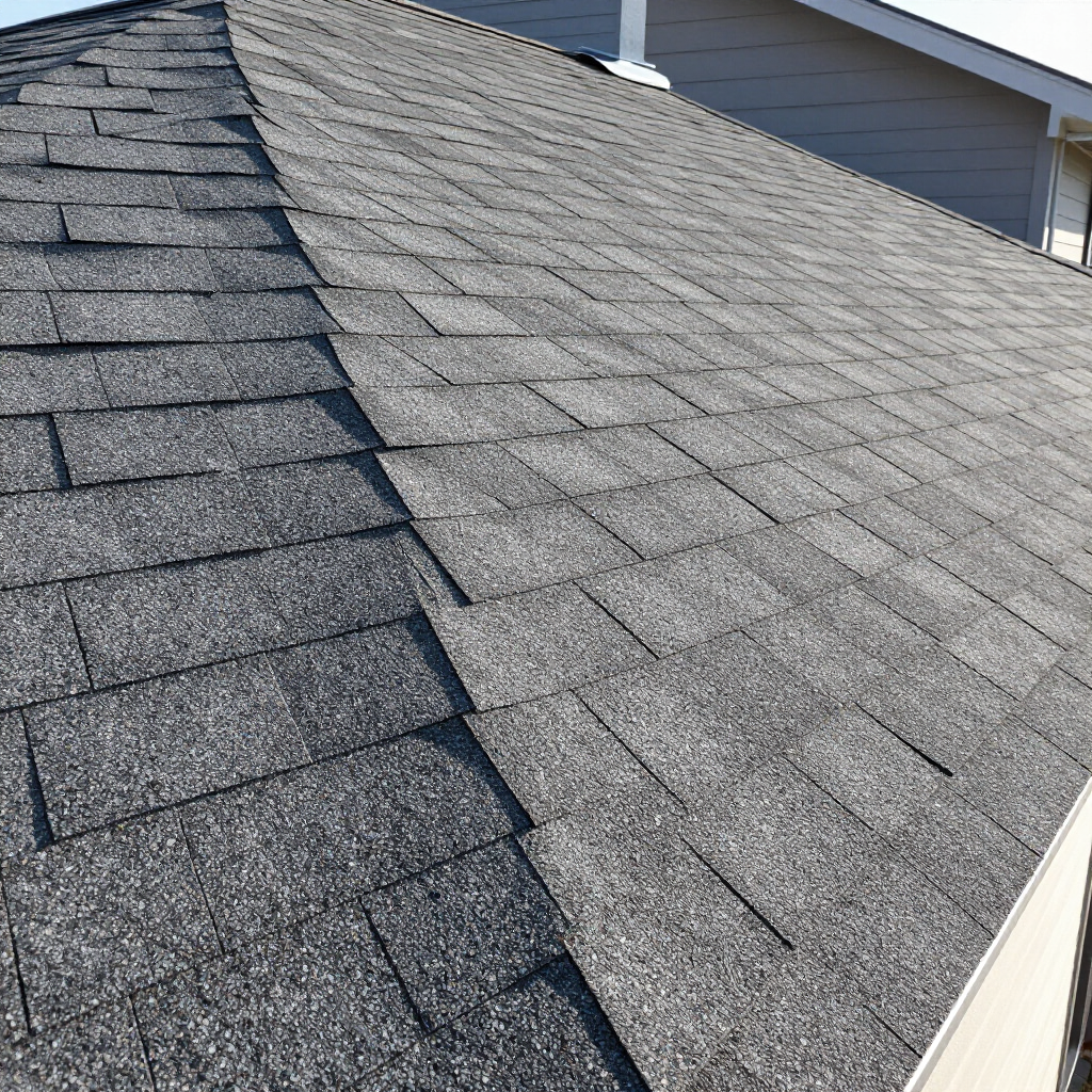 Gray asphalt shingle roof, angled view, showing texture and overlap of the shingles.