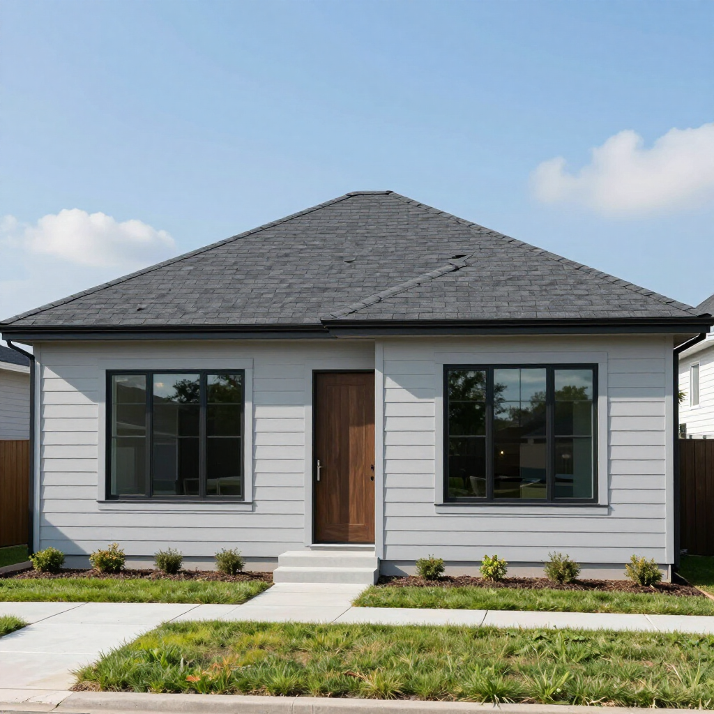 Gray house with black-framed windows, dark roof, and wooden door on a sunny day.