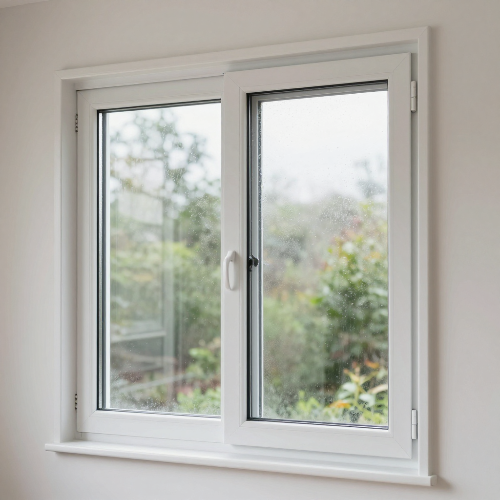 White sliding window, one pane open, overlooking a blurry, green outdoor scene.