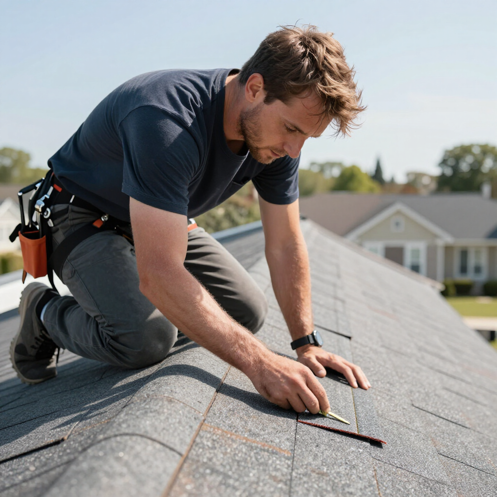Roofer kneeling on a rooftop, installing shingles. Wearing safety harness and looking down.