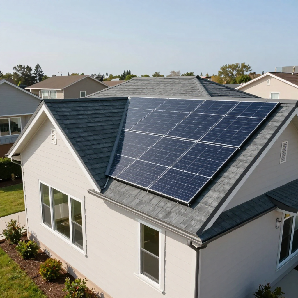 Solar panels installed on a residential home roof in a suburban neighborhood.