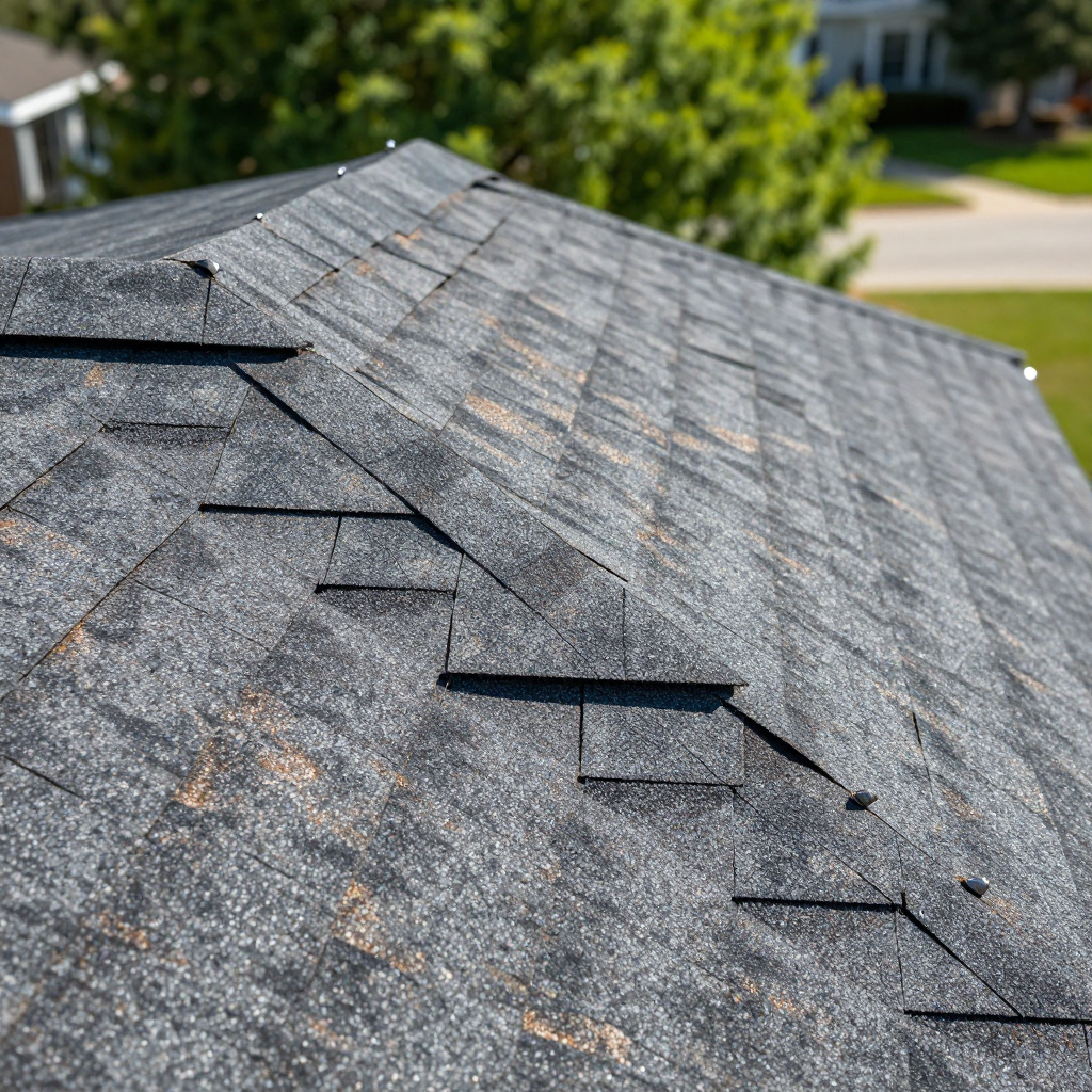 Close-up of a gray asphalt shingle roof, with a ridge and a yard in the background.