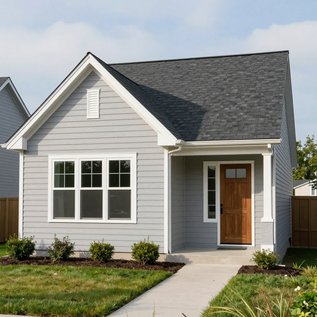 Gray-sided single-story house with brown door, white trim, and a walkway, set in a yard with grass and bushes.