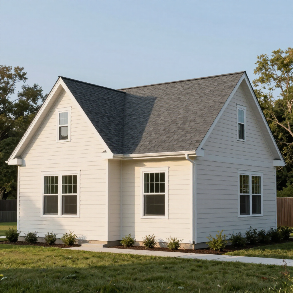 White house with gray roof, windows, and small landscaping against a blue sky.