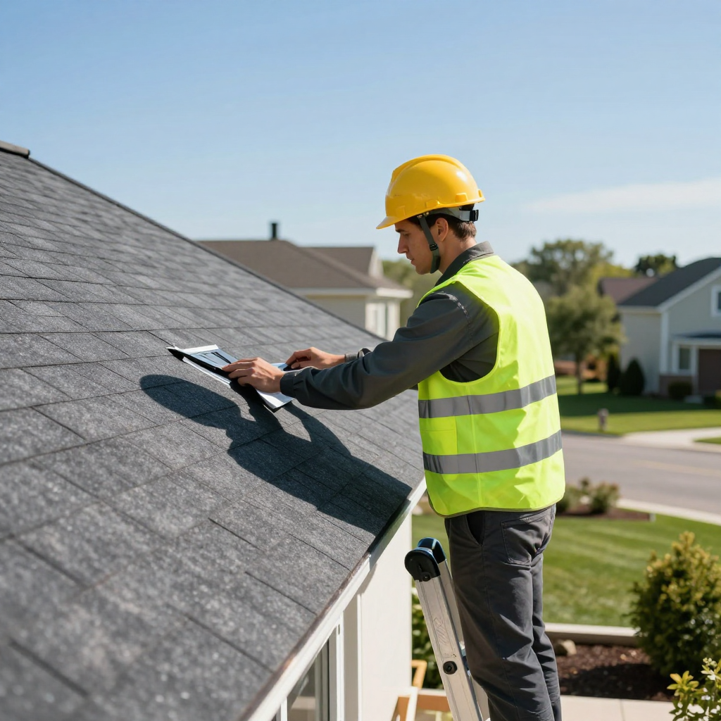 A person on a ladder wearing a yellow hard hat and vest inspects a roof.