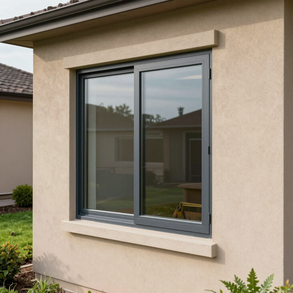 Gray sliding window in a beige stucco wall; houses reflected in glass.