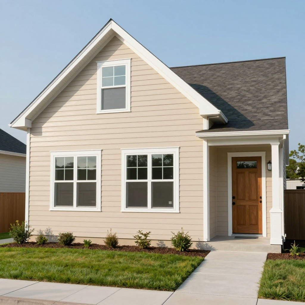 Small beige house with white trim, gray roof, and a wooden front door.