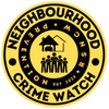 Yellow and black Neighborhood Crime Watch emblem with house, car, and figures.