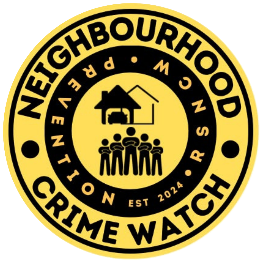 Yellow and black Neighborhood Crime Watch emblem with house, car, and figures.