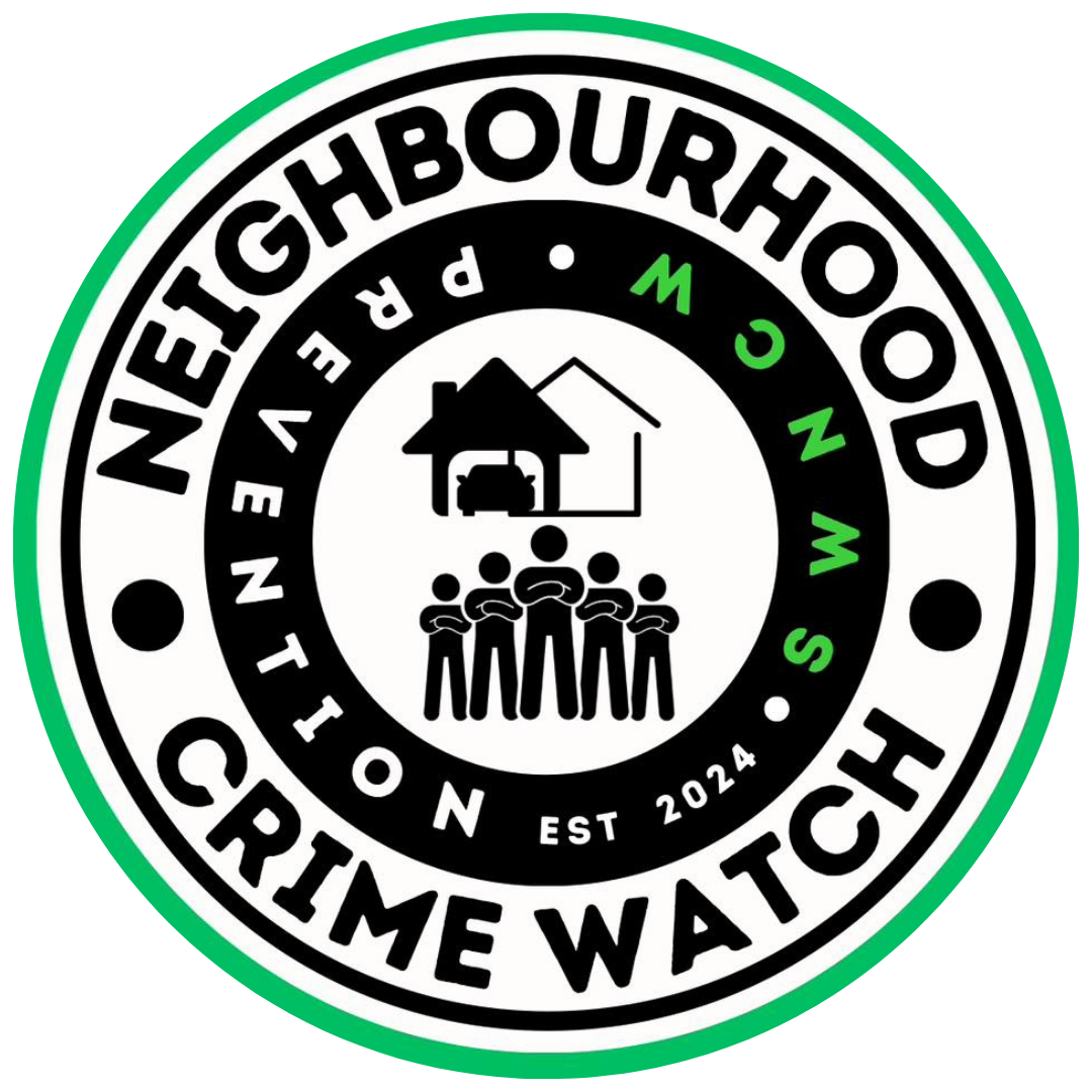 Neighborhood Crime Watch logo: green circle border, house icon, group of people, and text.