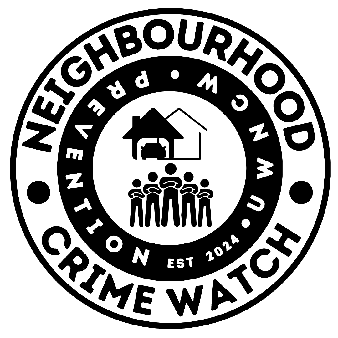 Neighborhood Crime Watch logo with a house, car, and people icons. Text: 