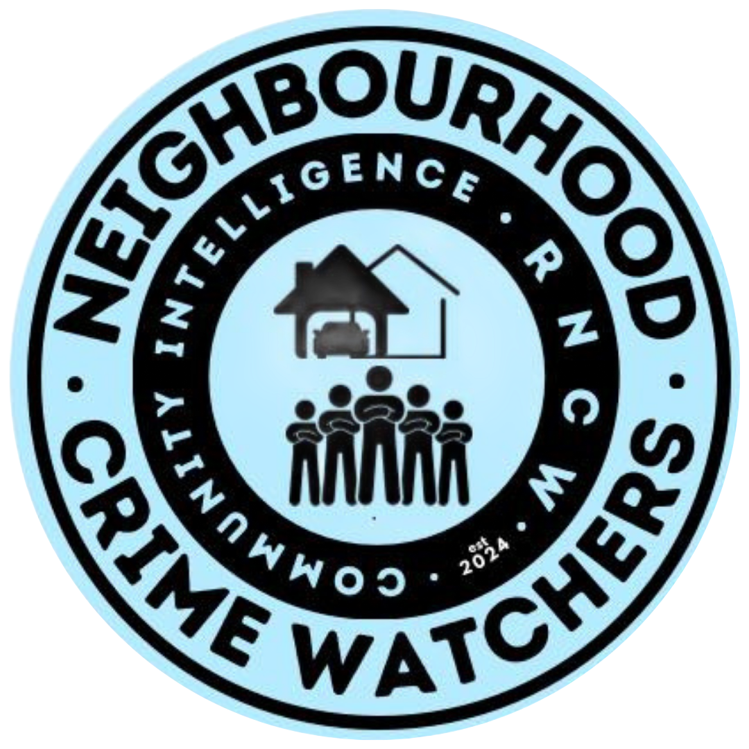 A light blue and black Neighbourhood Crime Watch badge with a house, car, and group of people.