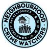 A light blue and black Neighbourhood Crime Watch badge with a house, car, and group of people.