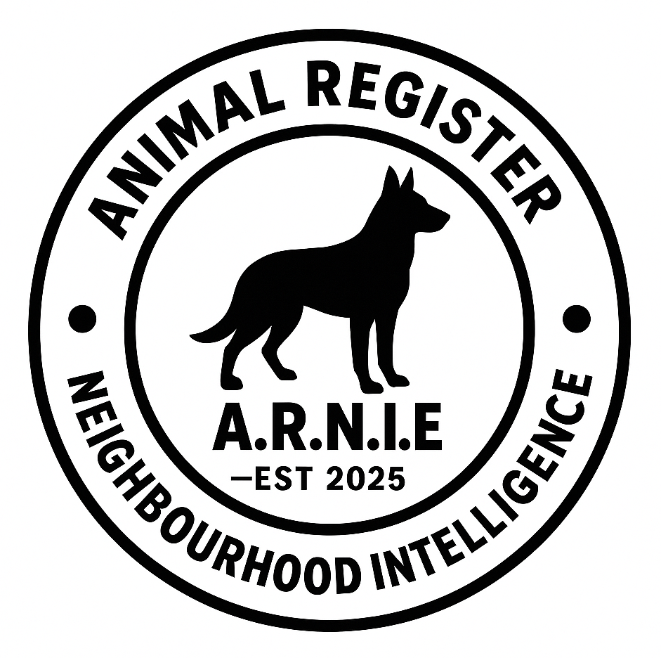 Black and white animal register logo with a dog silhouette inside a circle. A.R.N.I.E - EST 2025.