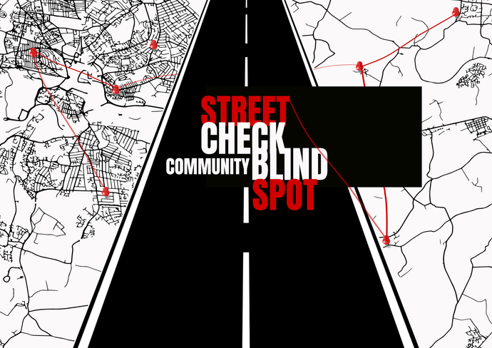 Black road with “Street Check Community Blind Spot” text over a cracked map background.