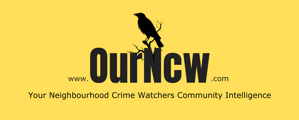 Logo for OurNCW, a neighborhood crime watchers community. Black bird silhouette atop text on yellow.