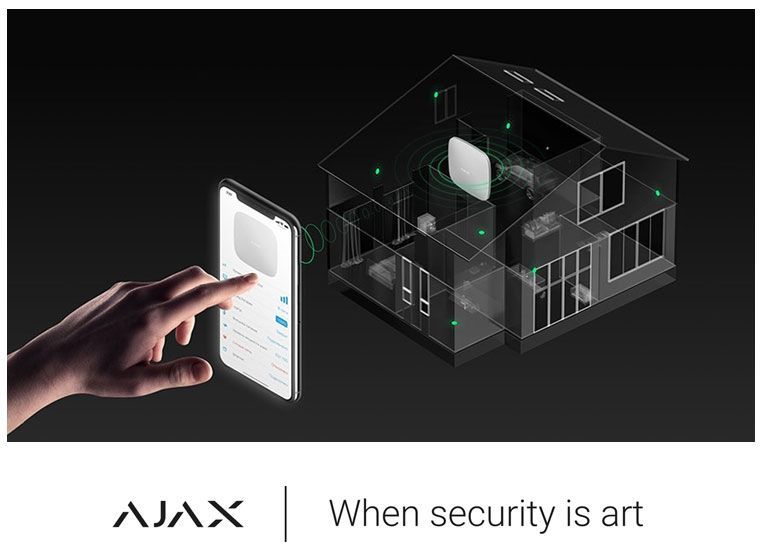 Hand using phone to control smart home security system. House graphic with sensors. AJAX logo.
