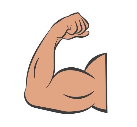 Bicep flexed, showing a muscular arm with a clenched fist, in brown tones.
