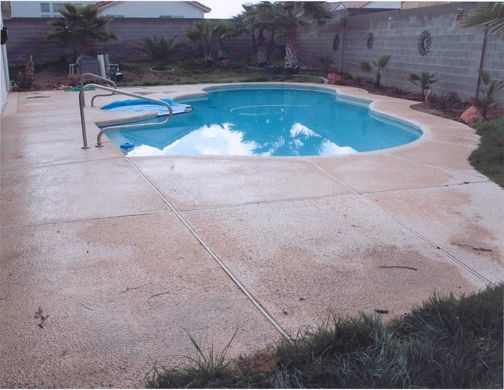 Pool with blue water and surrounding concrete patio. Green grass and palm trees are nearby. Pool with blue water and surrounding concrete patio. Green grass and palm trees are nearby.