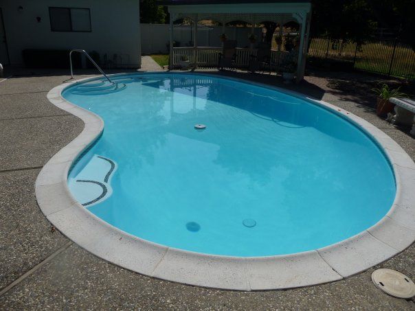 Blue swimming pool with a curved shape, surrounded by a concrete patio.
