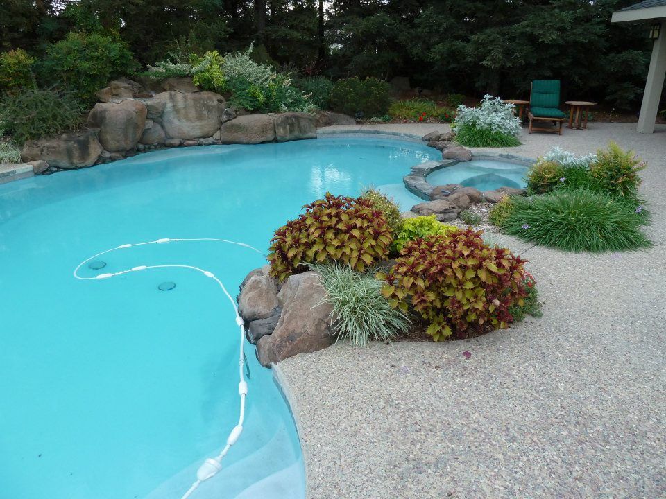 Pool with turquoise water, rocky edge, and lush green and red plants. Patio furniture in background.