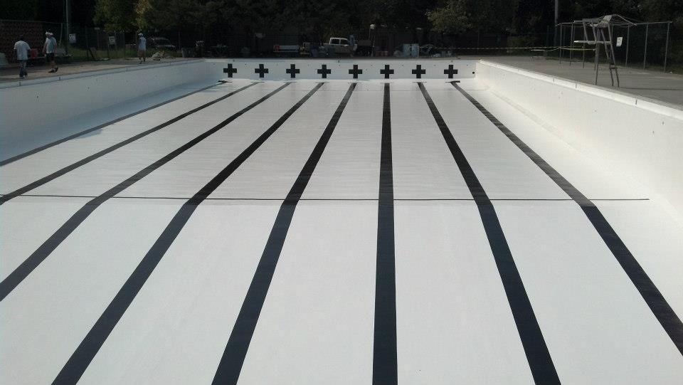 Empty, white swimming pool with black lane lines.