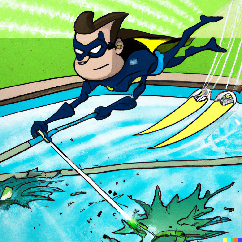 Superhero waterskiing, wearing a blue costume and cape, in a pool, launching a projectile.